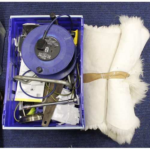 640 - Box of miscellaneous hand tools and sheepskin rug.