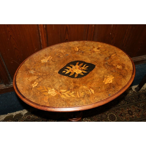 457 - 19th century walnut and mahogany tilt-top table, the oval top inlaid with marquetry floral design, r... 