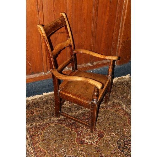 460 - Antique elm ash oak bar back arm chair with recurved arm rests, panel seat, raised on square taperin... 