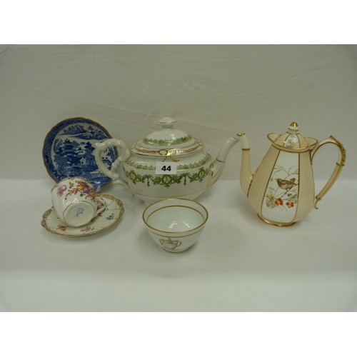 44 - Vintage porcelain to include Wedgwood teapot, floral cup and saucer etc.