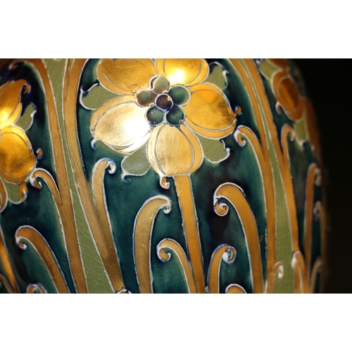 261 - Pair of MacIntyre Moorcroft Burslem Florian ware vases with pipelined decoration of gilded flowers a... 