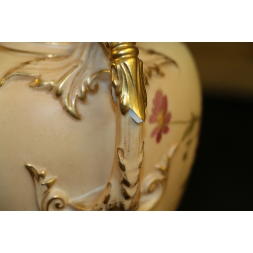 263 - Royal Worcester blush ivory porcelain twin handled urn vase vase and cover with pierced collar and h... 