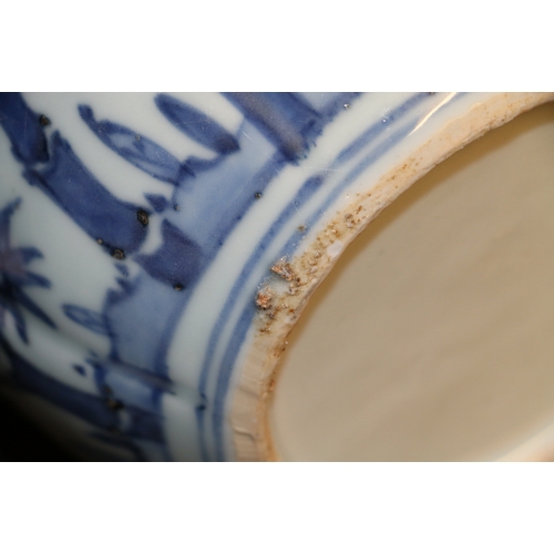 339 - Chinese 19th Century blue and white brush pot depicting a fisherman by a river in a mountainous land... 