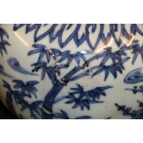 339 - Chinese 19th Century blue and white brush pot depicting a fisherman by a river in a mountainous land... 