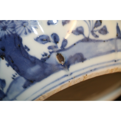 339 - Chinese 19th Century blue and white brush pot depicting a fisherman by a river in a mountainous land... 