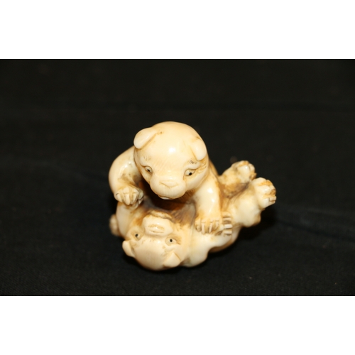 354 - An Ivory netsuke of two puppies playing, 4cm, 26g, unsigned Meiji/Taisho