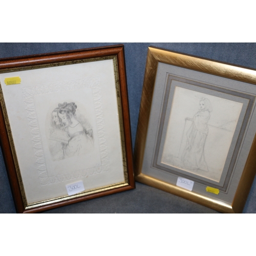 38 - Pencil study of two females, indistinctly signed, 23cm x 18cm and a pencil study of a female standin... 