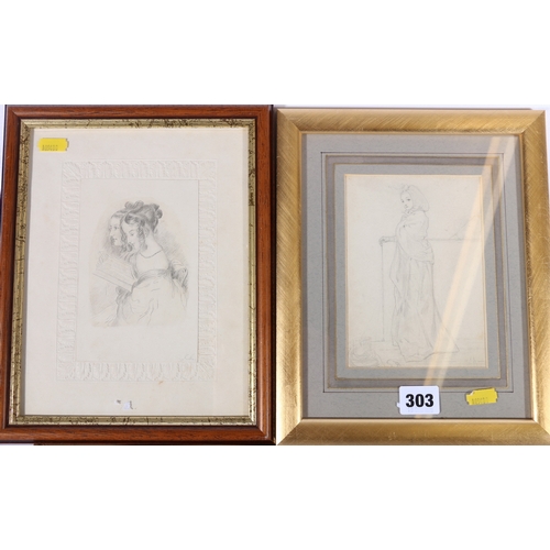 38 - Pencil study of two females, indistinctly signed, 23cm x 18cm and a pencil study of a female standin... 