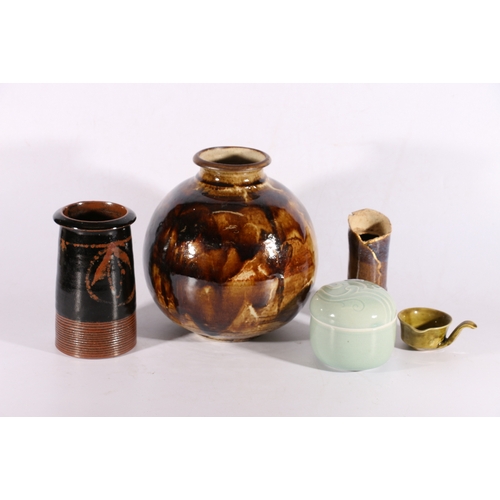 58 - Collection of pottery including large brown glazed bulbous vase, etc.