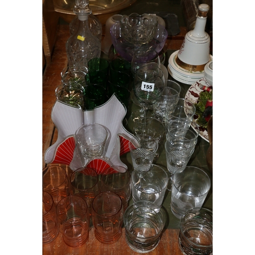 155 - Collection of glassware including pair of decanters, handkerchief bowl, green glasses, tumblers, etc... 