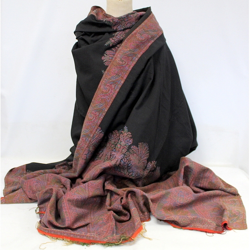 147 - Victorian paisley black wool shawl with woven panels &  another fringed black wool shawl with wo... 