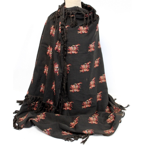 147 - Victorian paisley black wool shawl with woven panels &  another fringed black wool shawl with wo... 