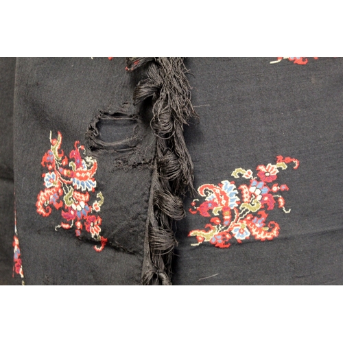 147 - Victorian paisley black wool shawl with woven panels &  another fringed black wool shawl with wo... 