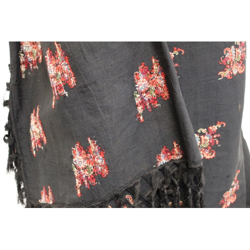 147 - Victorian paisley black wool shawl with woven panels &  another fringed black wool shawl with wo... 