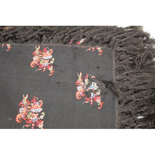 147 - Victorian paisley black wool shawl with woven panels &  another fringed black wool shawl with wo... 