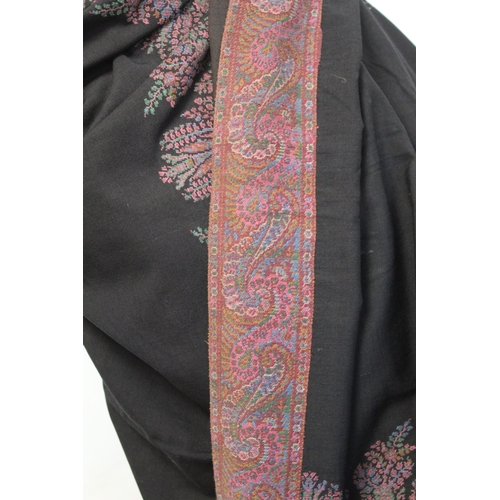 147 - Victorian paisley black wool shawl with woven panels &  another fringed black wool shawl with wo... 