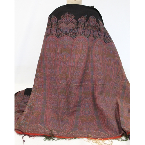 147 - Victorian paisley black wool shawl with woven panels &  another fringed black wool shawl with wo... 