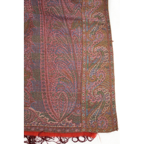 147 - Victorian paisley black wool shawl with woven panels &  another fringed black wool shawl with wo... 