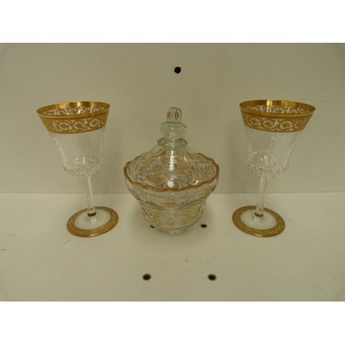 3 - Pair of St Louis style gilt decorated glasses and a gilt decorated jar and cover