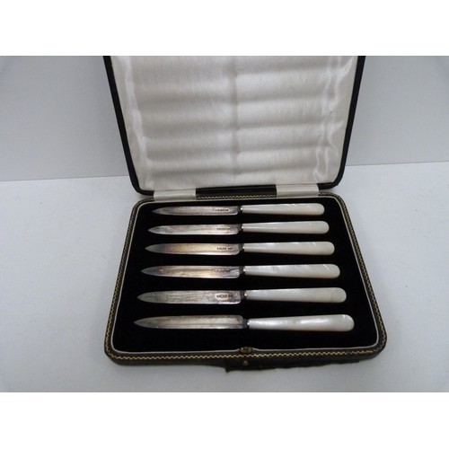 14 - Set of six mother of pearl handled knives, cased