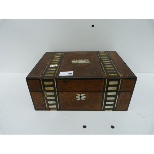 30 - Walnut and abalone inlaid box containing horn, handled and other flatware.