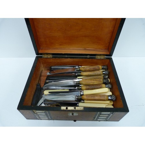 30 - Walnut and abalone inlaid box containing horn, handled and other flatware.