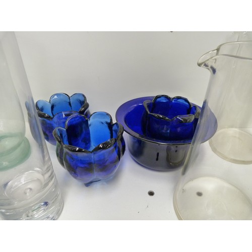 49 - Three Bristol blue vases, similar bowl, a pair of larger vases, jugs etc.