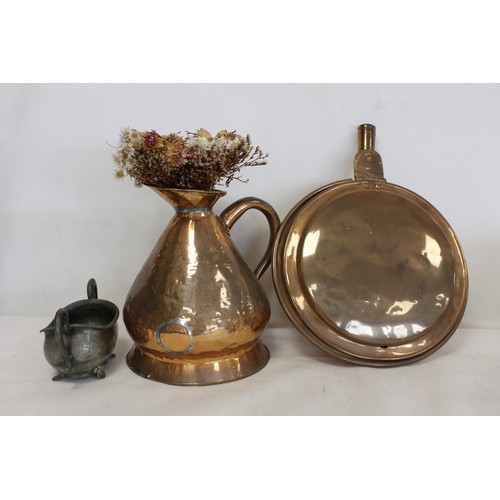 141 - Victorian copper bed warming pan head, copper jug and pewter twin handled sucrier.