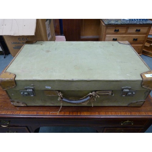 80 - Large vintage leather and canvas travel trunk.