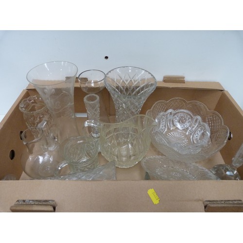 81 - Large box of glassware to include jugs, vases etc.