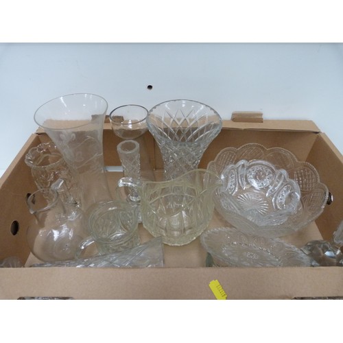 81 - Large box of glassware to include jugs, vases etc.