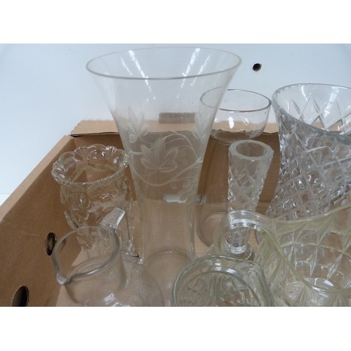 81 - Large box of glassware to include jugs, vases etc.