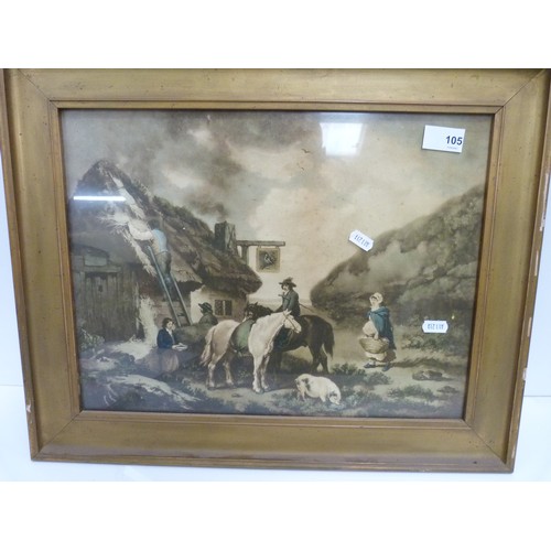 105 - Antique gilt frame Inn Keepers scene print.