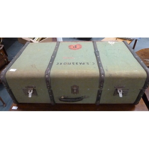 130 - Large green vintage travel trunk.