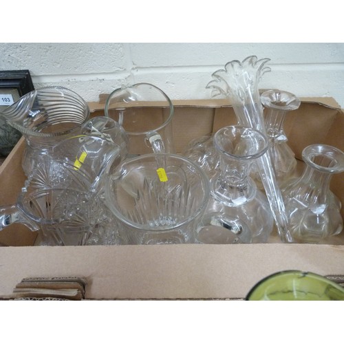 89 - Large box of glassware to include cut glass jugs.