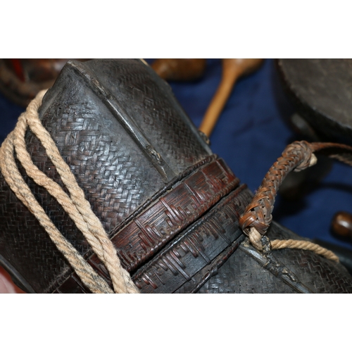 417A - Karan hill tribe, Burma/Thailand, basket of woven twine, with attached lid and rope carrying straps,... 