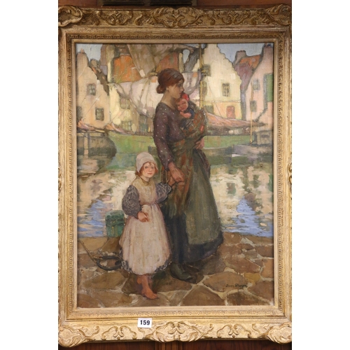 159 - JAMES WRIGHT RSW (Scottish 1885-1947), Mother and children on the quayside, Signed oil on canvas, 59... 