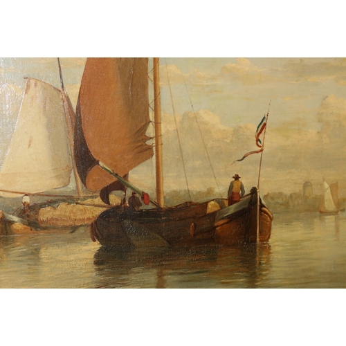 180 - 19TH CENTURY SCHOOL, Dutch coastal scene with boats, Unsigned oil on canvas, 50cm x 90cm