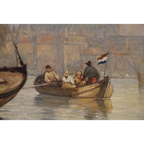 180 - 19TH CENTURY SCHOOL, Dutch coastal scene with boats, Unsigned oil on canvas, 50cm x 90cm