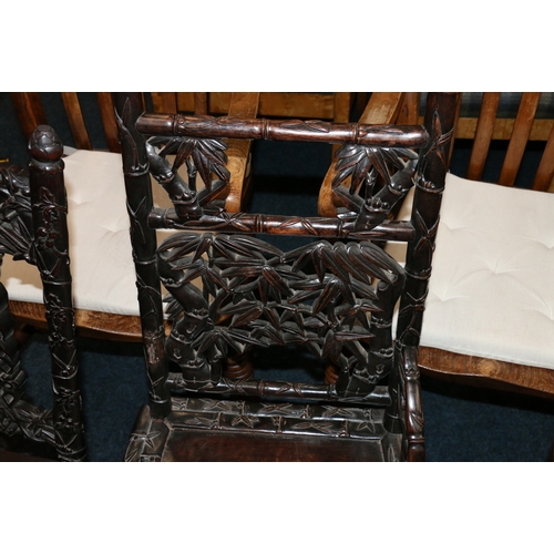 478 - Two antique Chinese padauk wood side chairs, both profusely carved and pierced with designs of birds... 