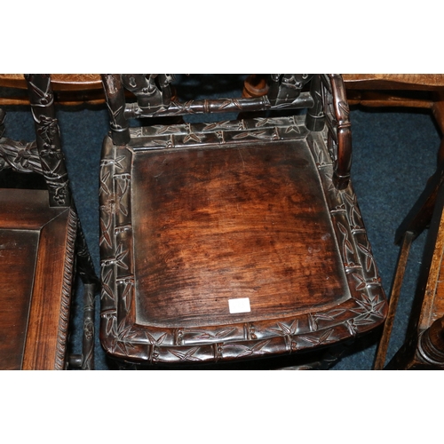 478 - Two antique Chinese padauk wood side chairs, both profusely carved and pierced with designs of birds... 