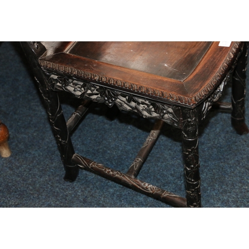 478 - Two antique Chinese padauk wood side chairs, both profusely carved and pierced with designs of birds... 