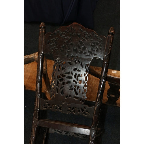 478 - Two antique Chinese padauk wood side chairs, both profusely carved and pierced with designs of birds... 