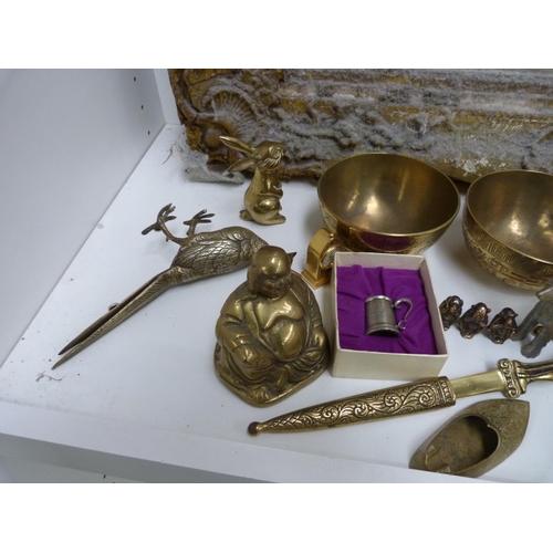 165 - Box of miscellaneous brass ware including Buddha, bowls etc.