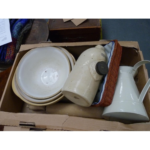 174 - Two large boxes of kitchenalia including mixing bowls, rolling pins etc.