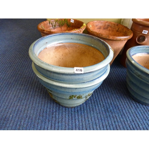 416 - Three large blue garden pots.