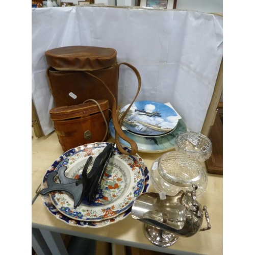 102 - Ironstone bowl, collector's plates, two pairs of binoculars, sugar scuttle and two glass vases.