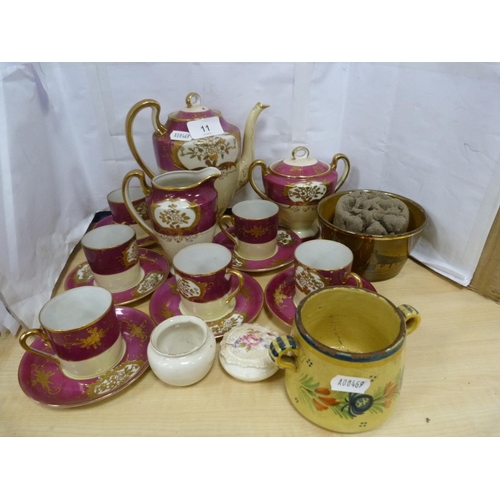 11 - Foreign parcel gilt tea set, Quimper jar and other ceramics.