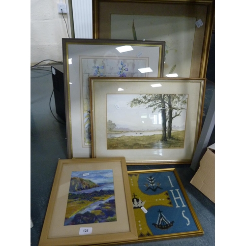 125 - Framed pictures including still life, river scene, needlepoint etc.