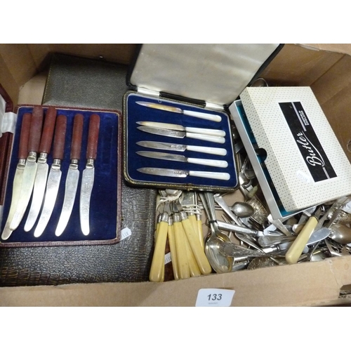 133 - Carton of assorted flatware including teaspoons, knives etc.